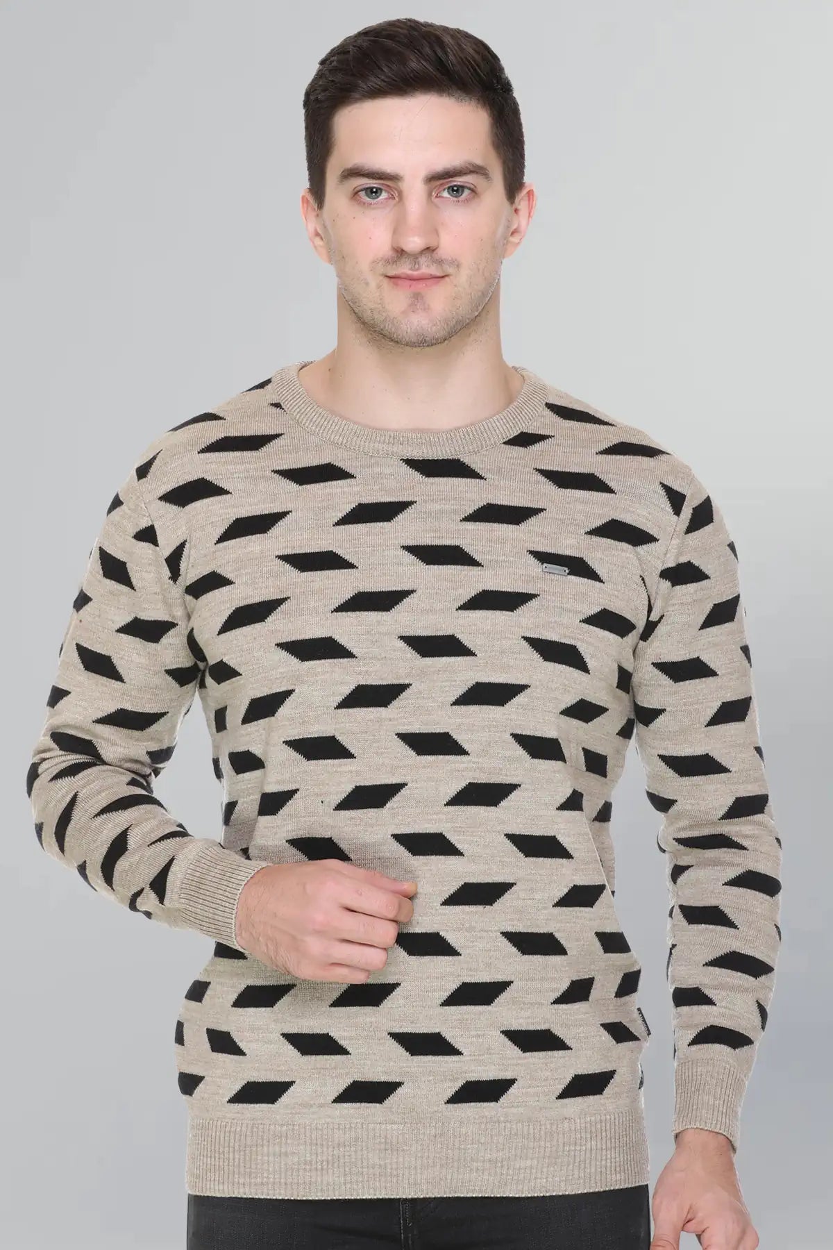 Beige Woolen Round Neck Designer Men Sweater