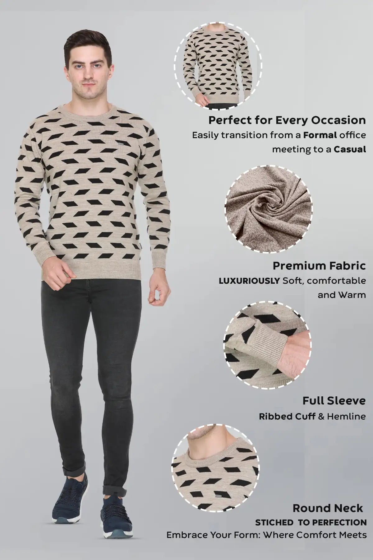 Beige Woolen Round Neck Designer Men Sweater