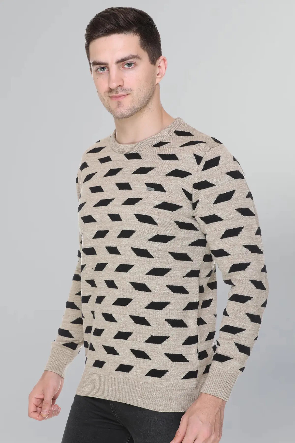Beige Woolen Round Neck Designer Men Sweater