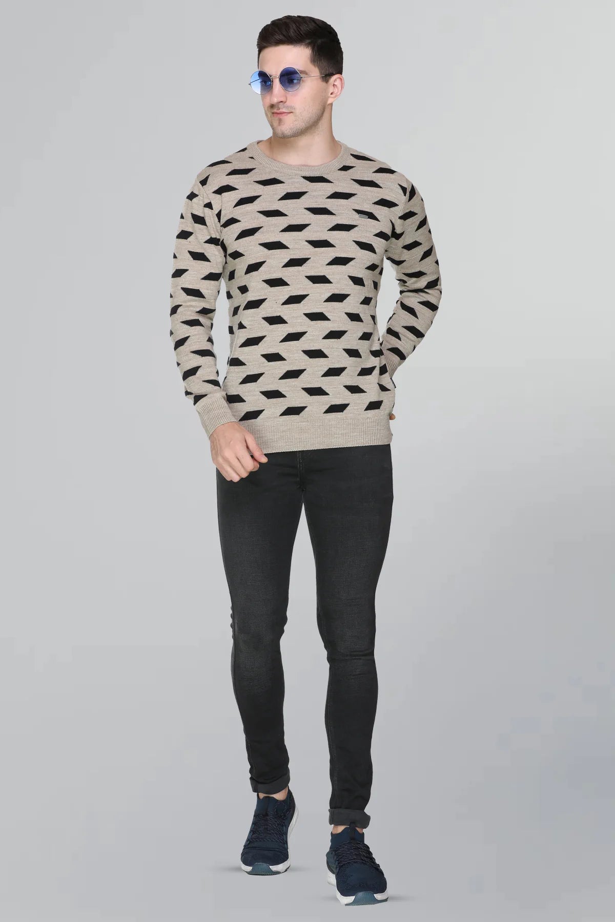 Beige Woolen Round Neck Designer Men Sweater
