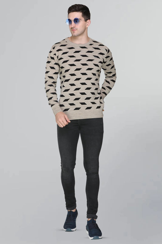 Beige Woolen Round Neck Designer Men Sweater
