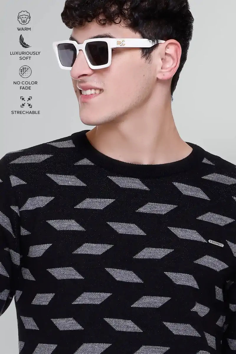 Black Woolen Round Neck Designer Men Sweater