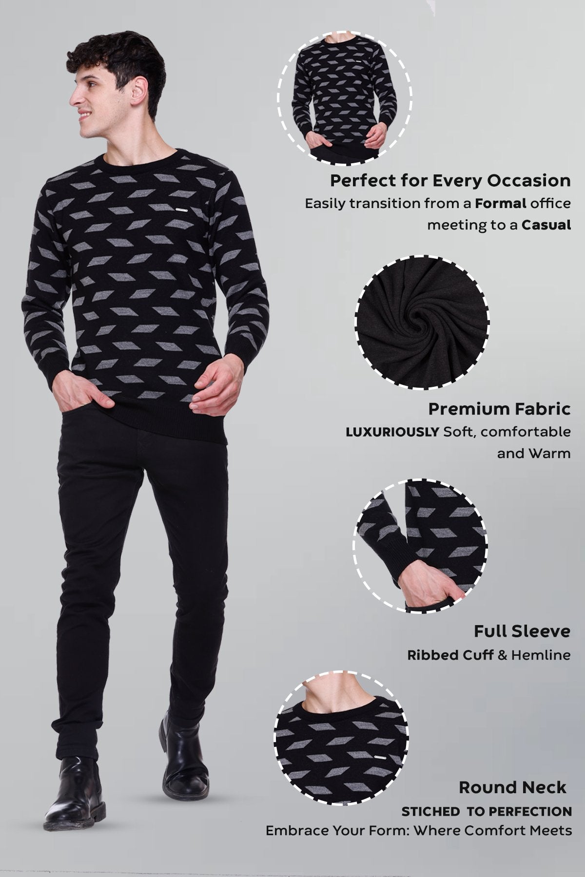Black Woolen Round Neck Designer Men Sweater