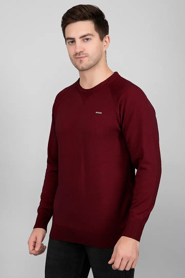 Maroon Woolen Round Neck Solid Men Sweater