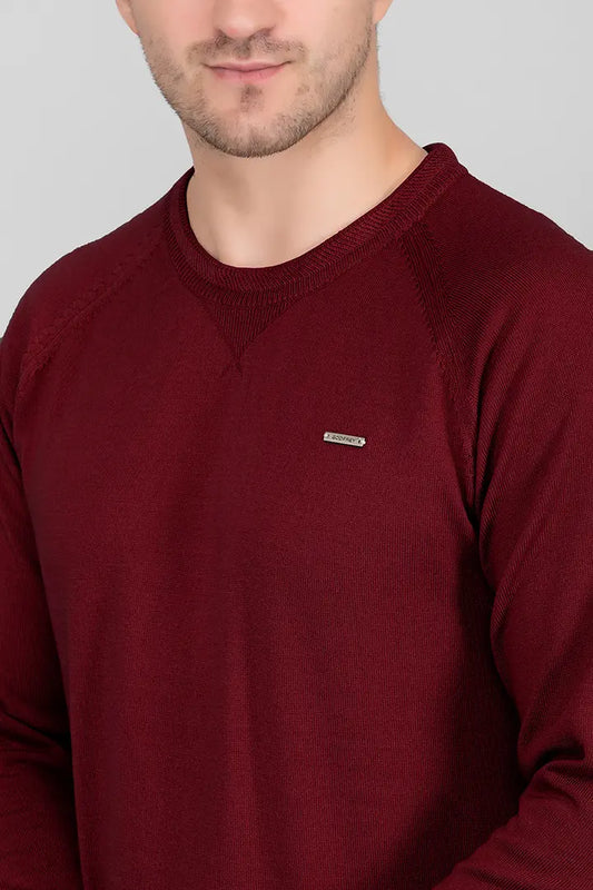 Maroon Woolen Round Neck Solid Men Sweater