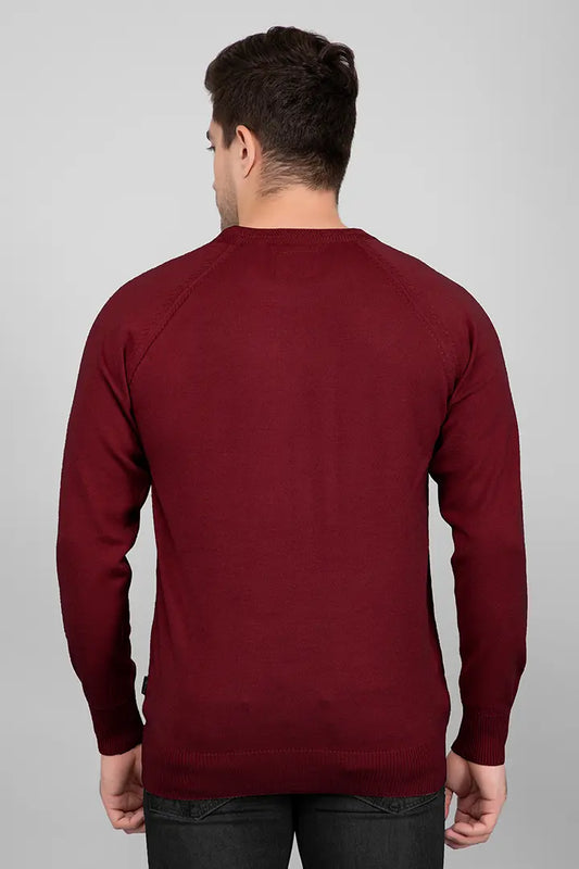 Maroon Woolen Round Neck Solid Men Sweater