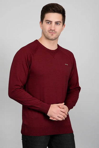 Maroon Woolen Round Neck Solid Men Sweater