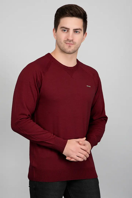 Maroon Woolen Round Neck Solid Men Sweater