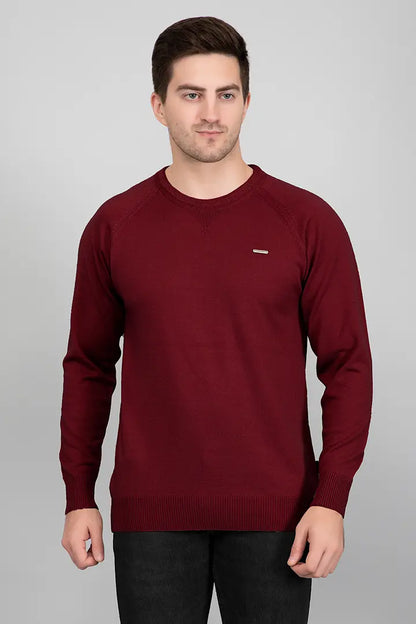 Maroon Woolen Round Neck Solid Men Sweater