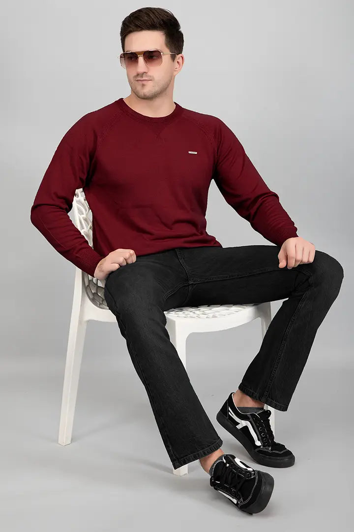 Maroon Woolen Round Neck Solid Men Sweater
