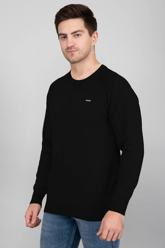 Black Woolen Round Neck Solid Men Sweater