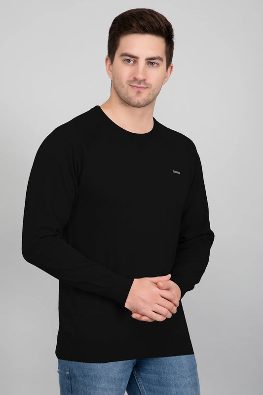 Black Woolen Round Neck Solid Men Sweater