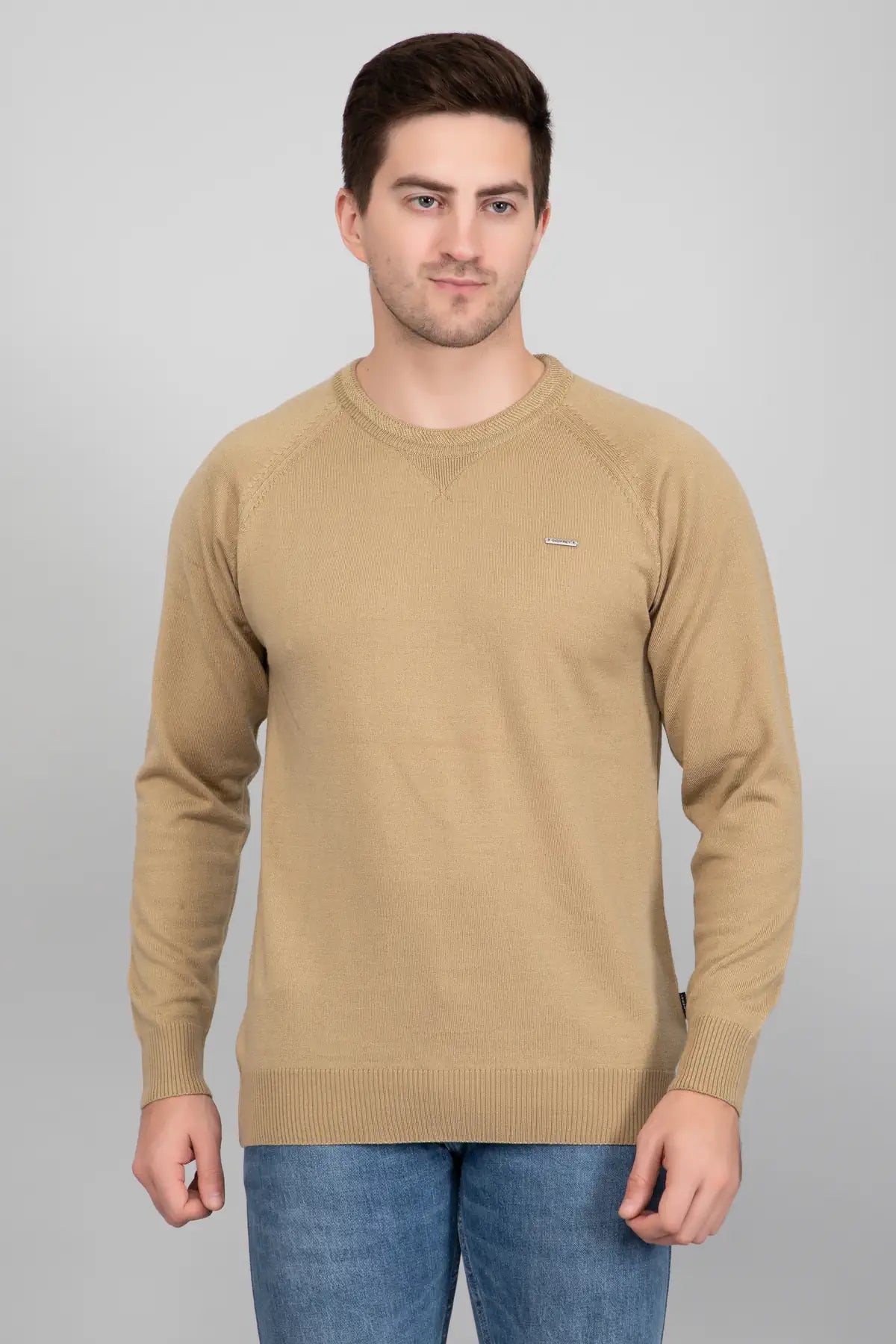 Beige Woolen Round Neck Solid Men Sweater