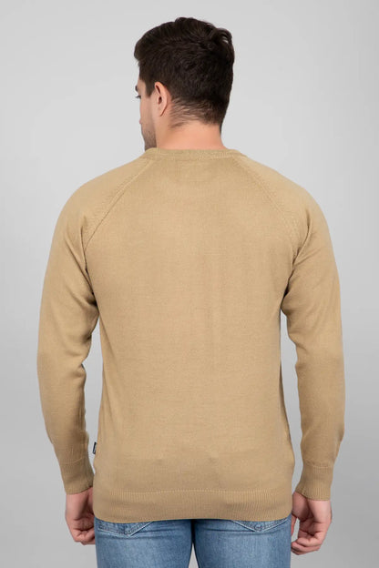 Beige Woolen Round Neck Solid Men Sweater