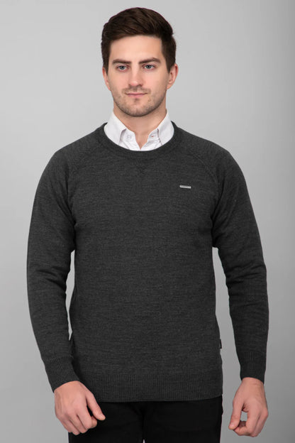 Charcoal Woolen Round Neck Solid Men Sweater