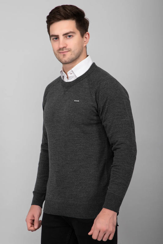 Charcoal Woolen Round Neck Solid Men Sweater