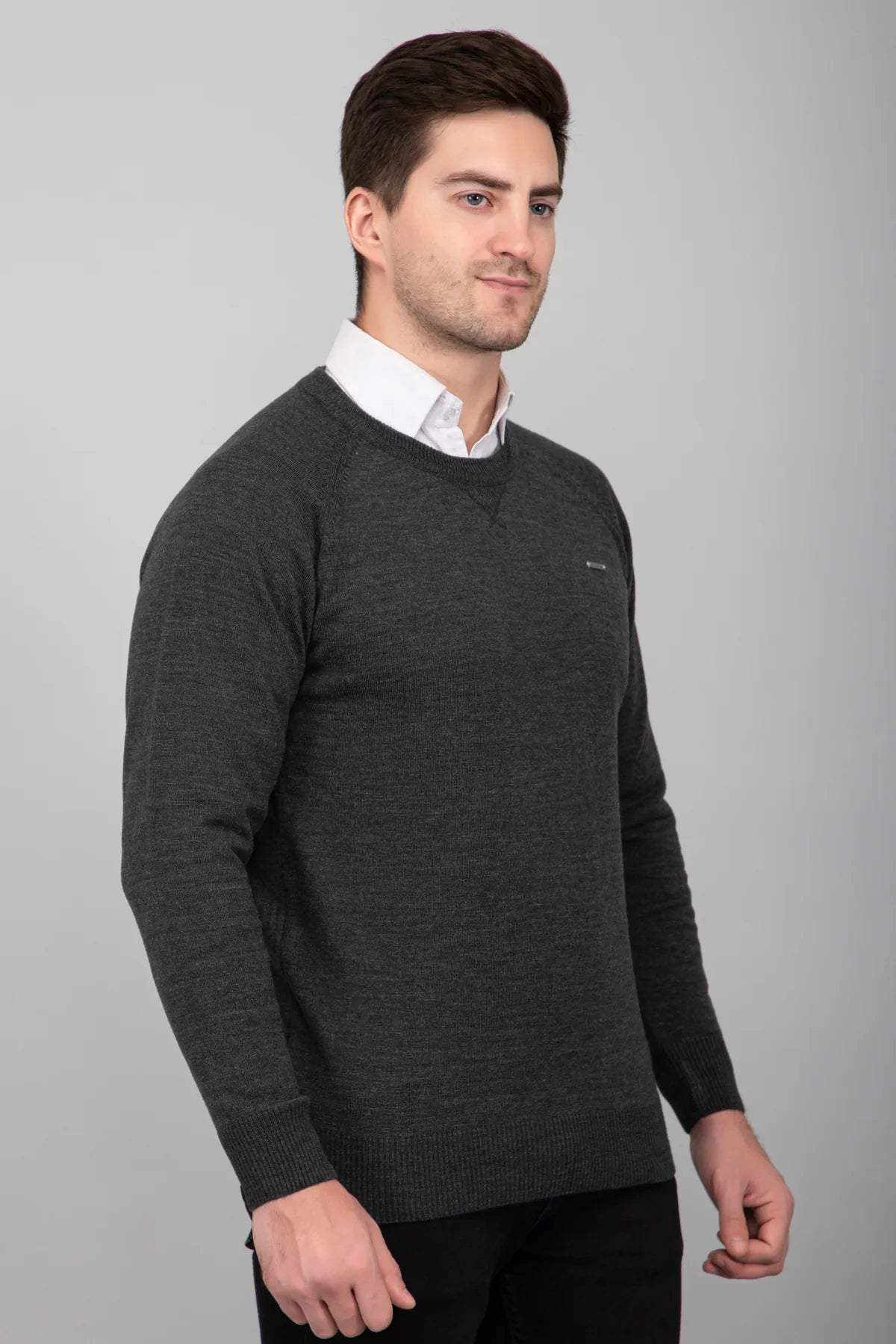 Charcoal Woolen Round Neck Solid Men Sweater