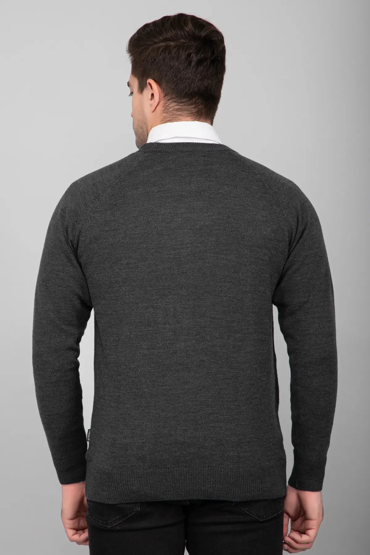Charcoal Woolen Round Neck Solid Men Sweater