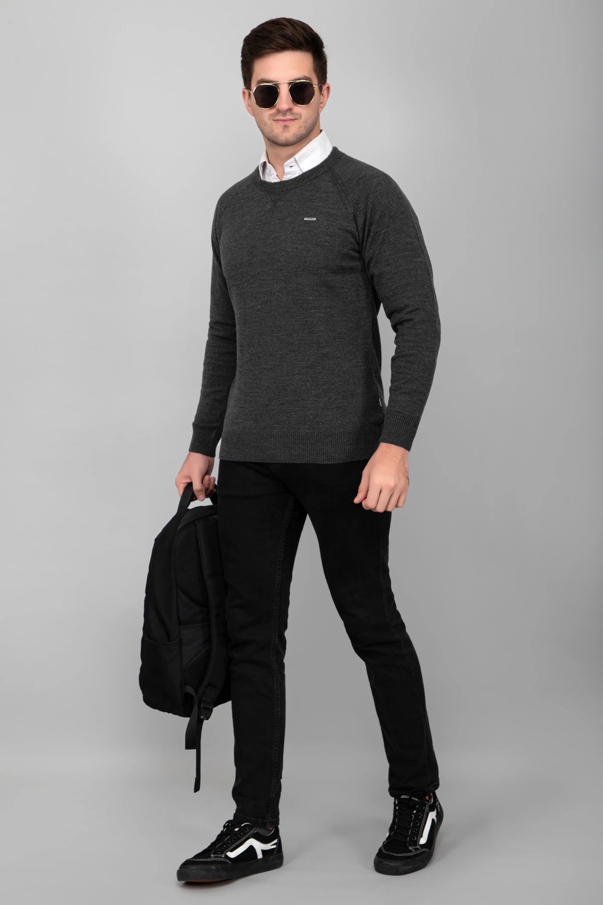 Charcoal Woolen Round Neck Solid Men Sweater