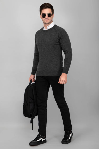 Charcoal Woolen Round Neck Solid Men Sweater