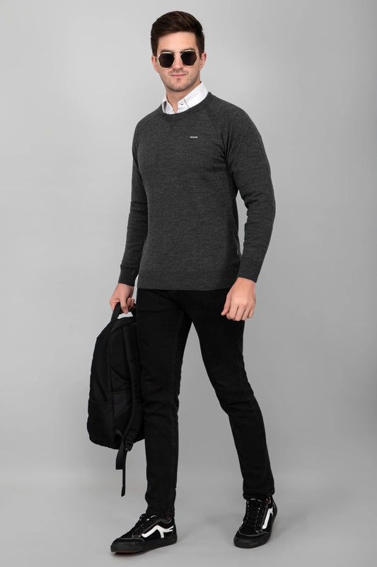 Charcoal Woolen Round Neck Solid Men Sweater