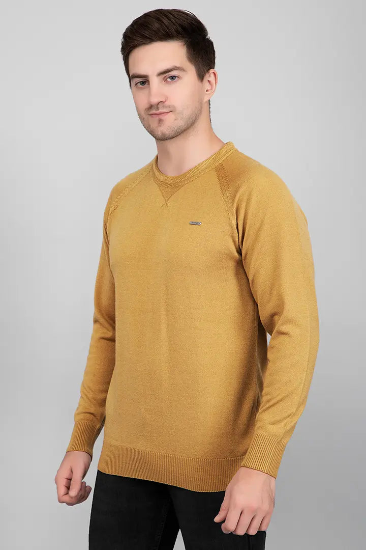 Mustard Woolen Round Neck Solid Men Sweater