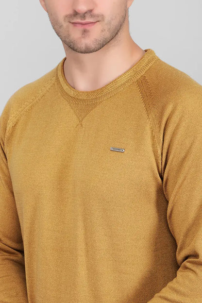 Mustard Woolen Round Neck Solid Men Sweater