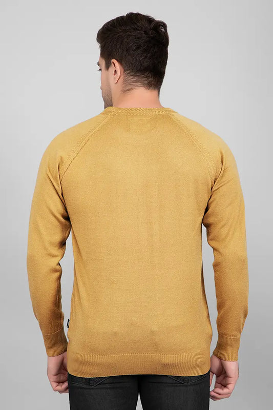 Mustard Woolen Round Neck Solid Men Sweater