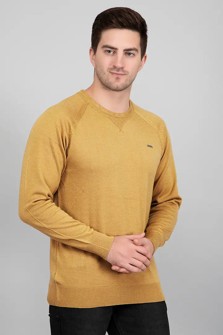 Mustard Woolen Round Neck Solid Men Sweater