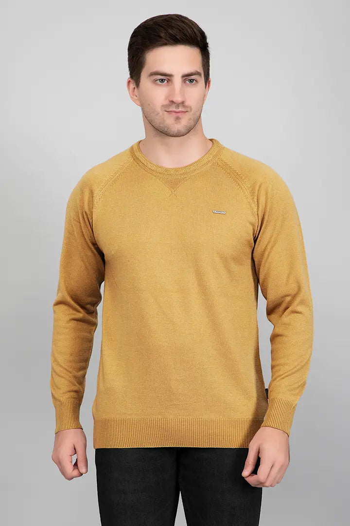 Mustard Woolen Round Neck Solid Men Sweater