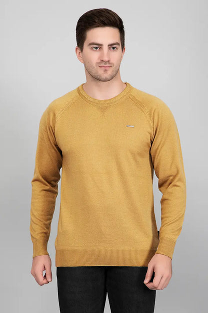 Mustard Woolen Round Neck Solid Men Sweater