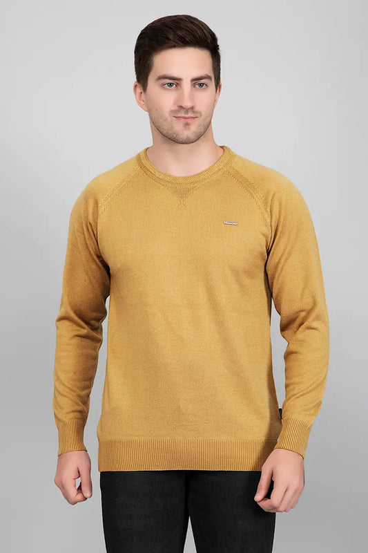 Mustard Woolen Round Neck Solid Men Sweater