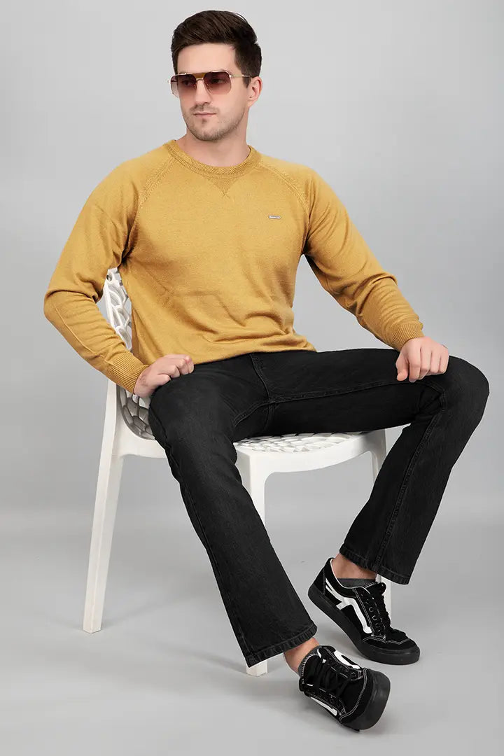 Mustard Woolen Round Neck Solid Men Sweater