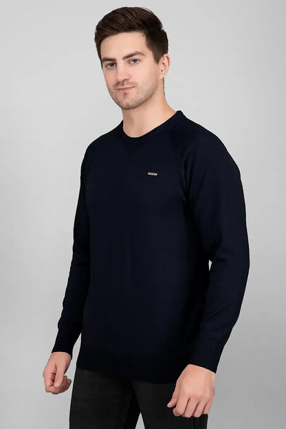 Navy Woolen Round Neck Solid Men Sweater