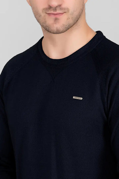 Navy Woolen Round Neck Solid Men Sweater