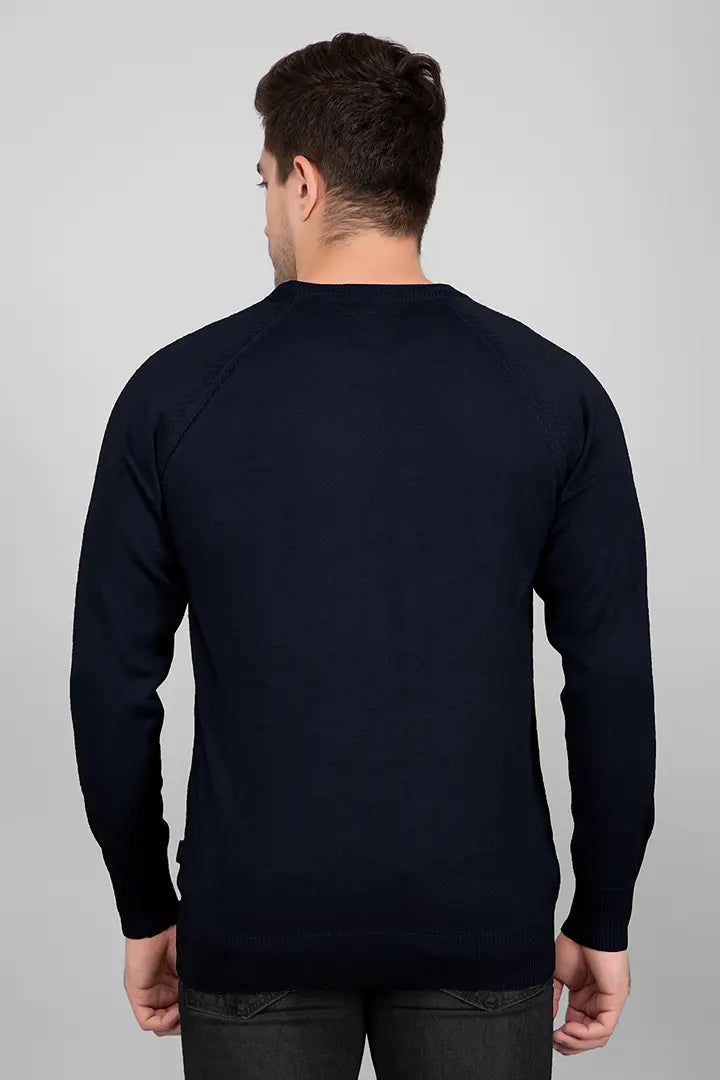 Navy Woolen Round Neck Solid Men Sweater