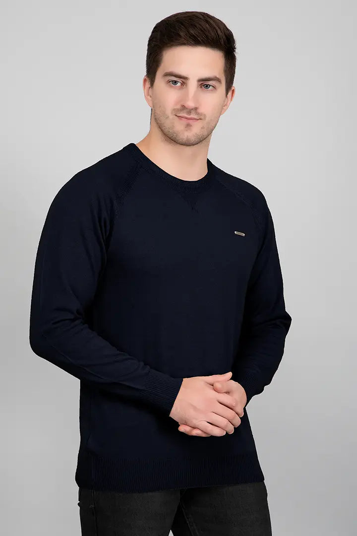 Navy Woolen Round Neck Solid Men Sweater