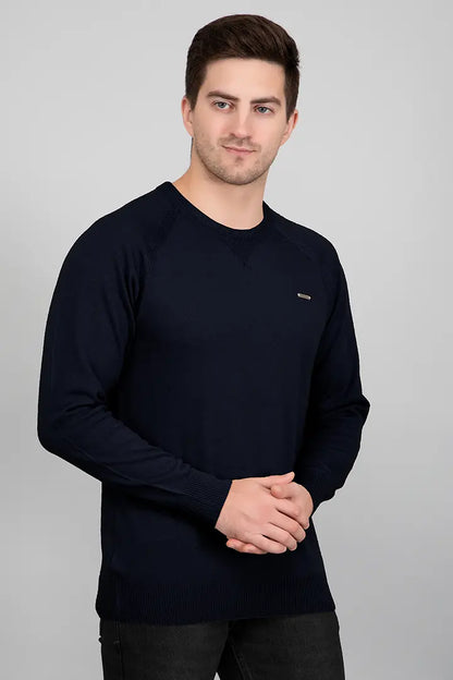 Navy Woolen Round Neck Solid Men Sweater