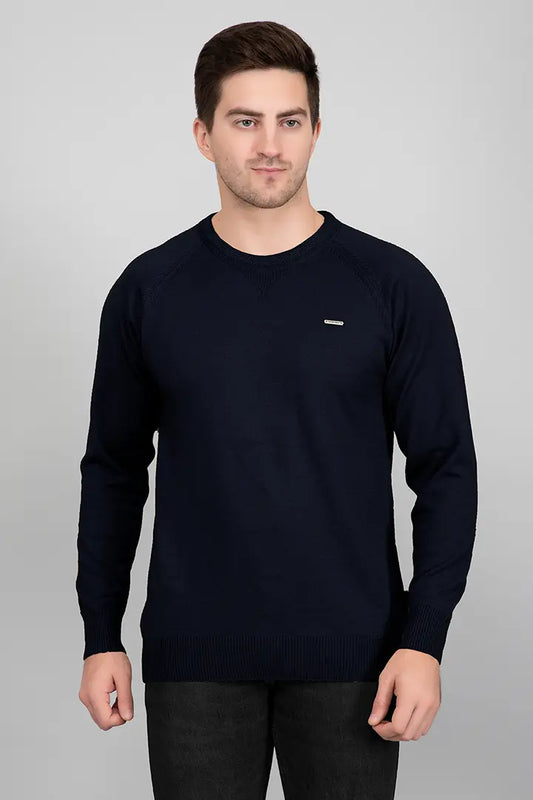 Navy Woolen Round Neck Solid Men Sweater