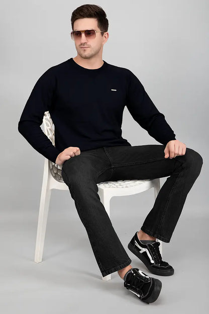 Navy Woolen Round Neck Solid Men Sweater