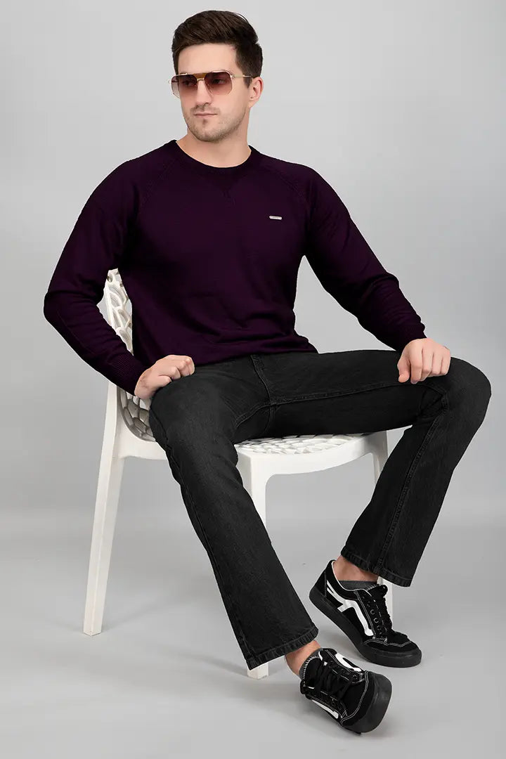 Grape Woolen Round Neck Solid Men Sweater