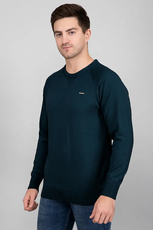 Teal Woolen Round Neck Solid Men Sweater