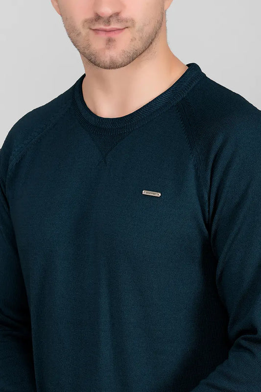 Teal Woolen Round Neck Solid Men Sweater