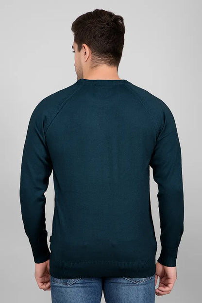 Teal Woolen Round Neck Solid Men Sweater