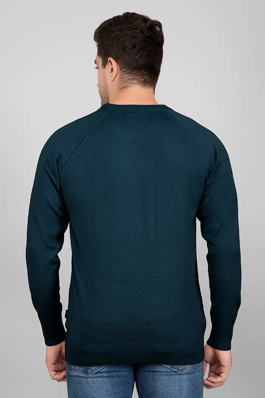 Teal Woolen Round Neck Solid Men Sweater