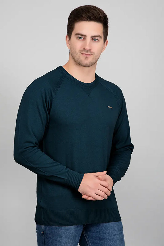 Teal Woolen Round Neck Solid Men Sweater