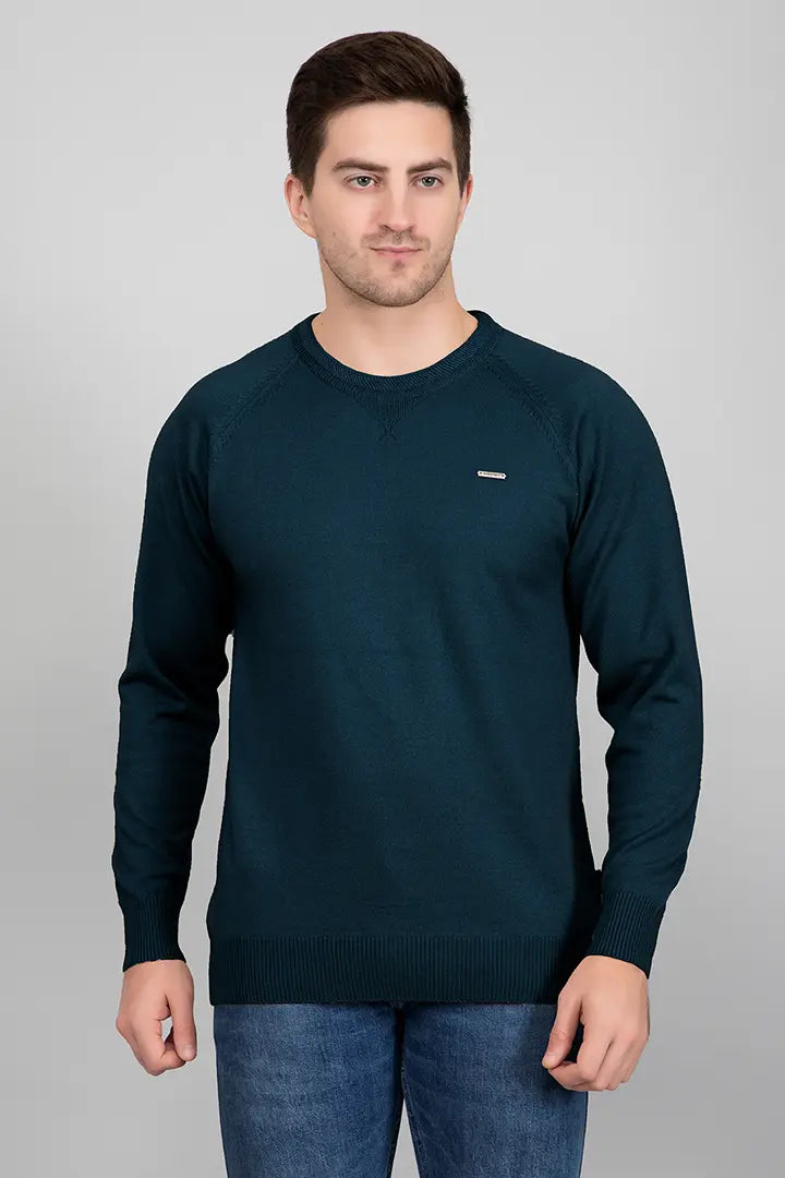 Teal Woolen Round Neck Solid Men Sweater