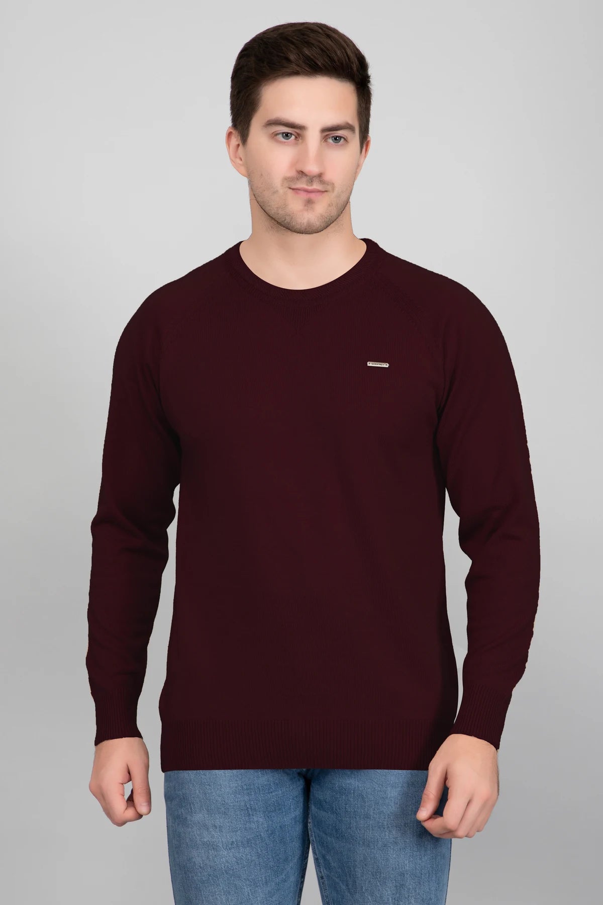 Wine Woolen Round Neck Solid Men Sweater