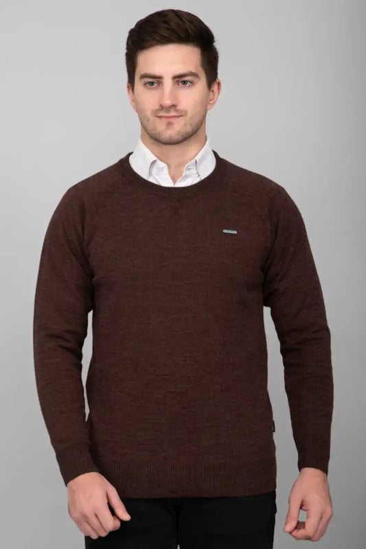Coffee Brown Woolen Round Neck Solid Men Sweater