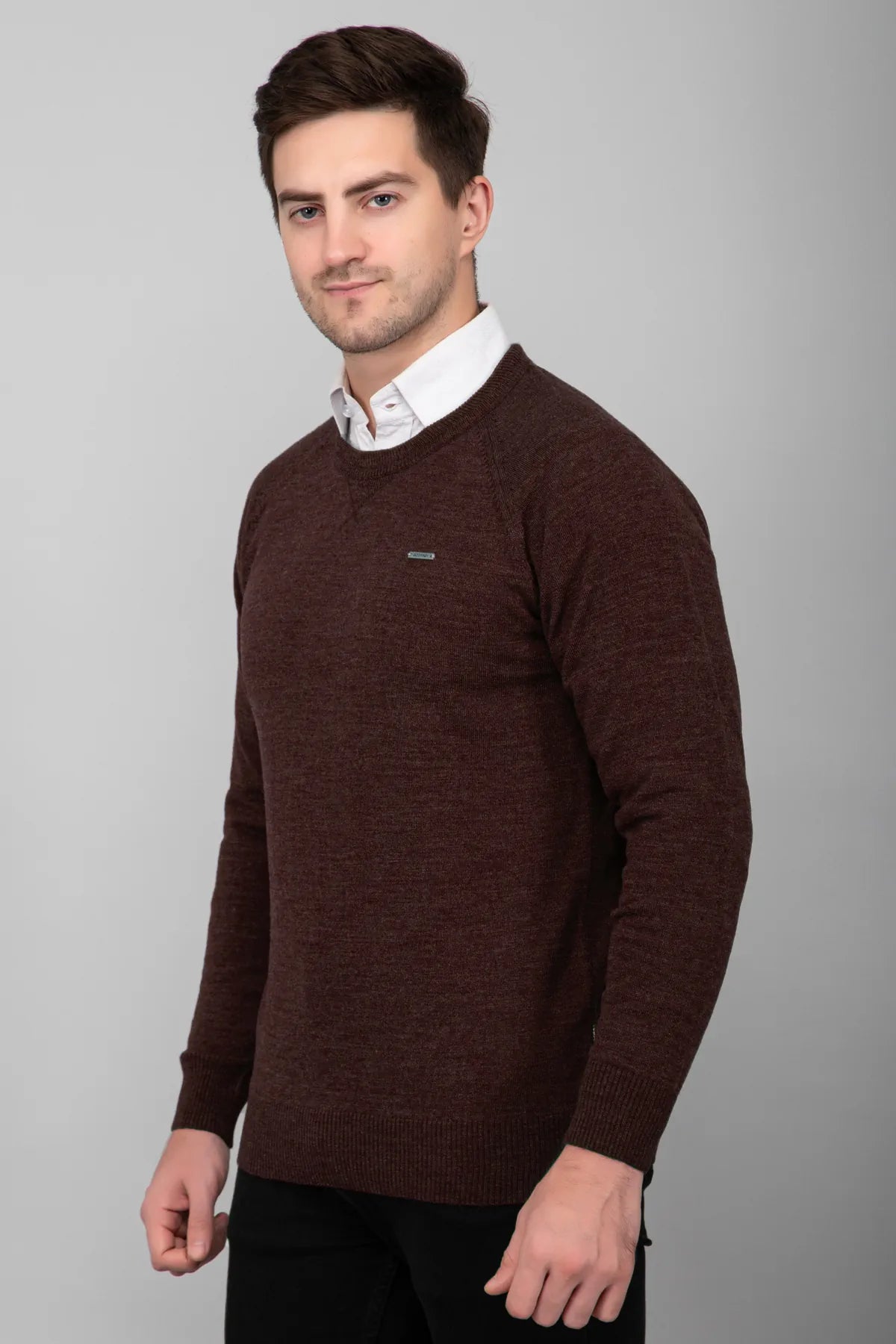 Coffee Brown Woolen Round Neck Solid Men Sweater